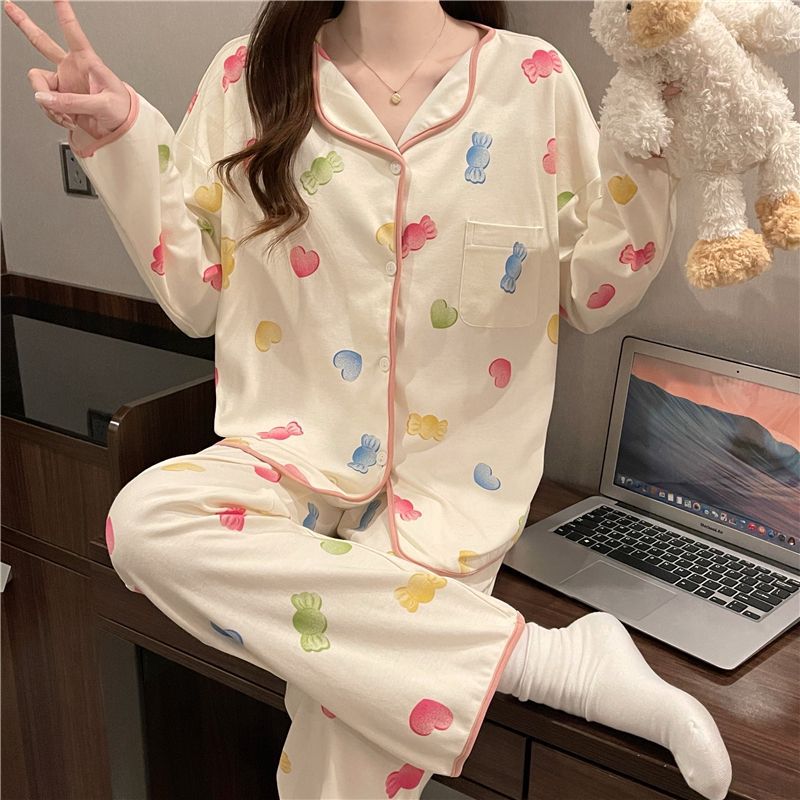 B977-Spring and autumn thin long-sleeved pajamas ladies new cute cardigan home clothes loose two-piece suit female