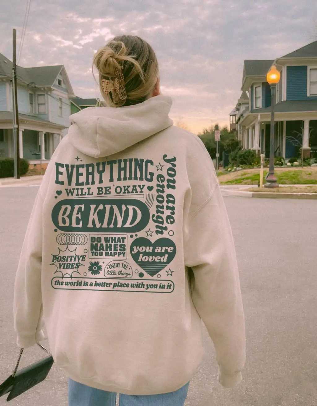 Everitging Will Be Okay Green Heart Illustration Design Women Clothes Trendy Nev Hoodie Casual Pocket Sportswear Street Hoody XJ250717