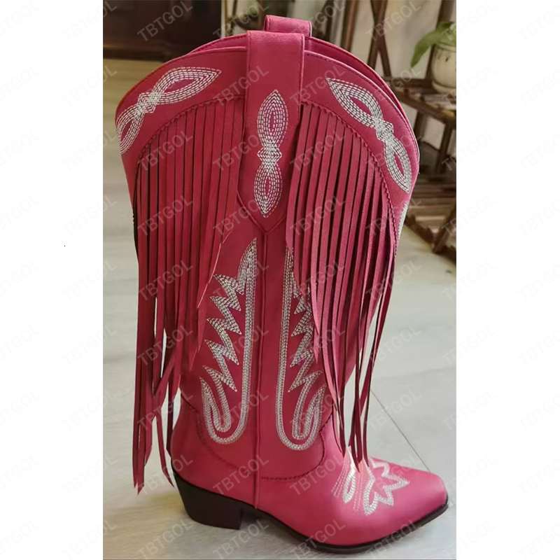 Lanjia Embroidered Fringe Cowboy Rhinestone Cowgirl Boot Chunky Heel Western Mid Calf Fashion Boots Xy A A D