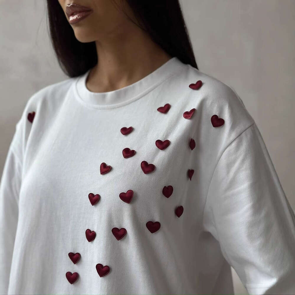 Women's Spring Summer New Trendy Brand Printed Casual Short Sleeve Fashion 3D Heart Sticker Round Neck Versatile Solid Color T-Shirt Ins B5