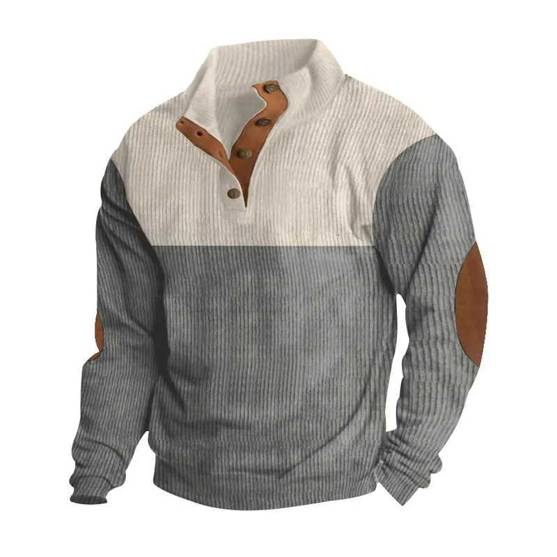 Spring and Autumn European Mens Outdoor Casual Button-up Stand-Up Collar Loose Corduroy Color-Blocked Sports SweatshirtXJ250714
