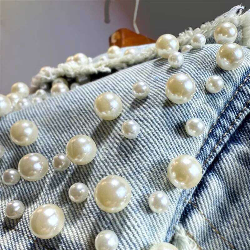 Autumn Women Vintage Light Blue Short Denim Pearl Beading Frayed Burrs Pocket Long Sleeve Jeans Jacket Coat Streetwear