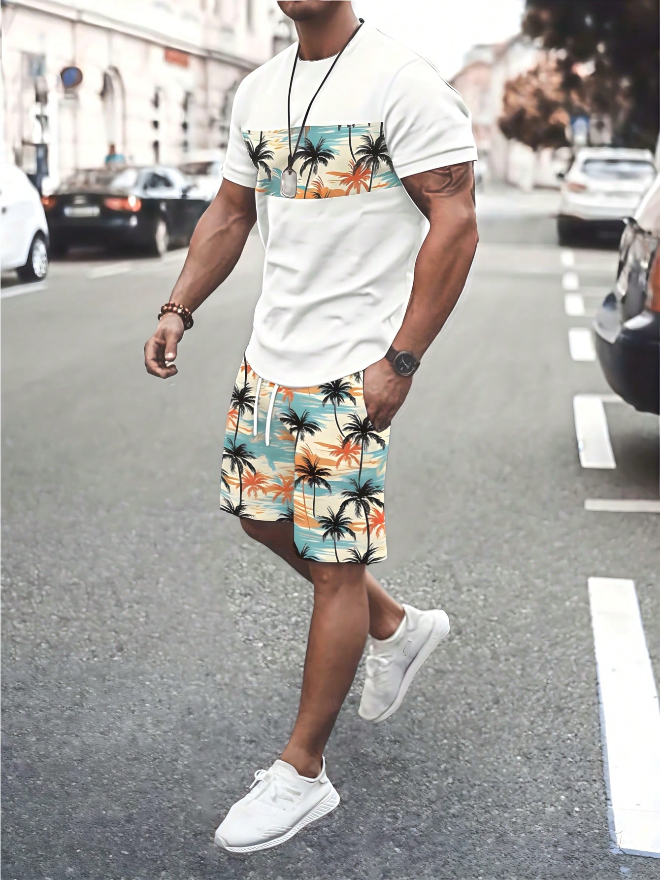Men's Casual Patchwork Coconut Tree Print Round Neck Short Sleeve T-Shirt And Shorts Set, Summer Vacation Outfits For Men Beach Vacation Outfits