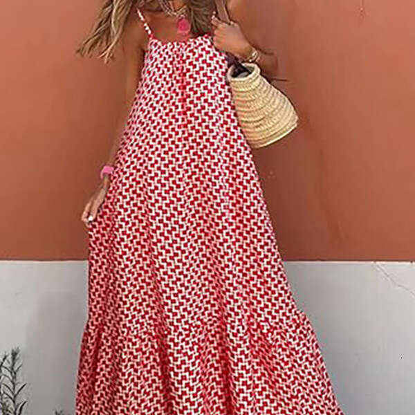 Summer New Bohemian Vacation Style Ruffled Edge Girl Print Strap V-Neck Loose Long Dress B5