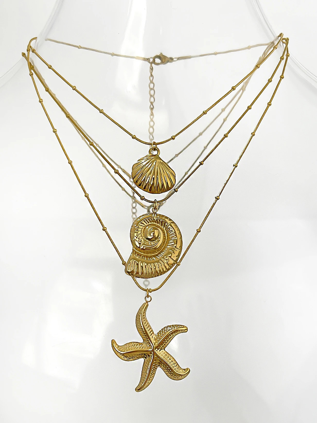 Perisbox Minimalist Starfish Stripe Conch Scallop Shaped Pendant Necklace for Women Waterproof Trend Jewelry Summer Beach Party 250715