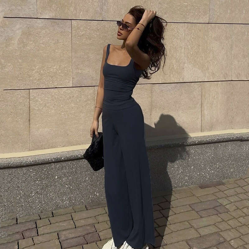 Women's Summer New Solid Color Casual Square Neck Vest + Wide Leg Pants Sports Two-Piece Set B5 g7