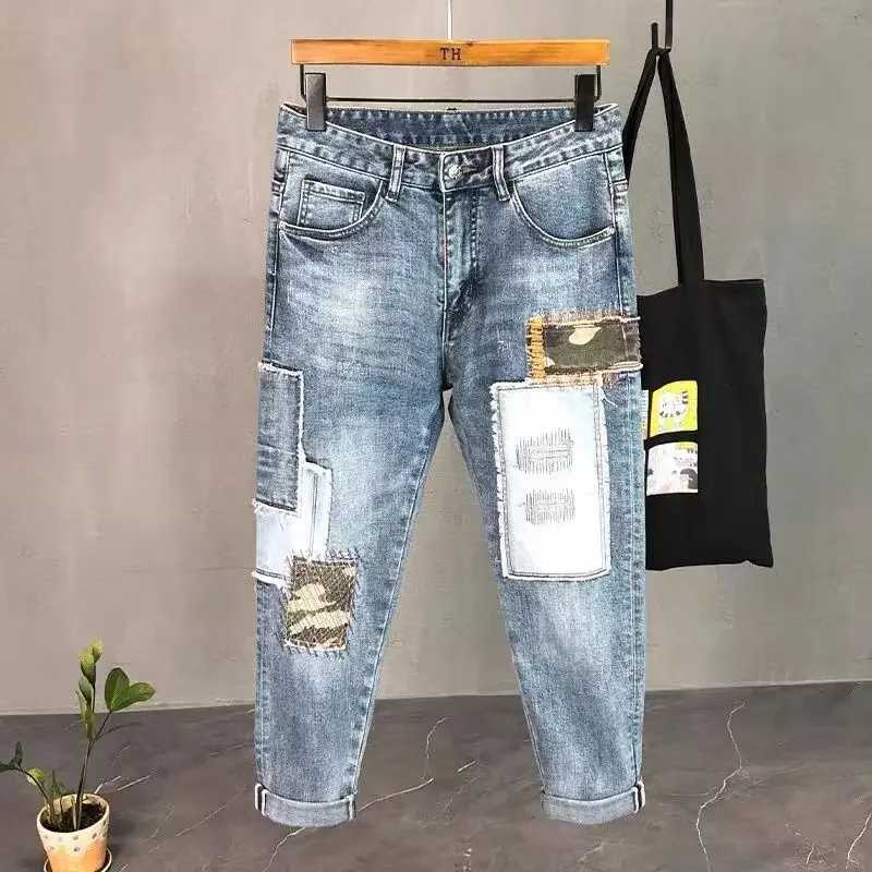 2024 Korean Autumn Y2K Cropped Mens Cowboy Pants Splicing Trousers Jeans for Men Graphic Casual Y 2K Vintage Hot Trendy Trend X2507181