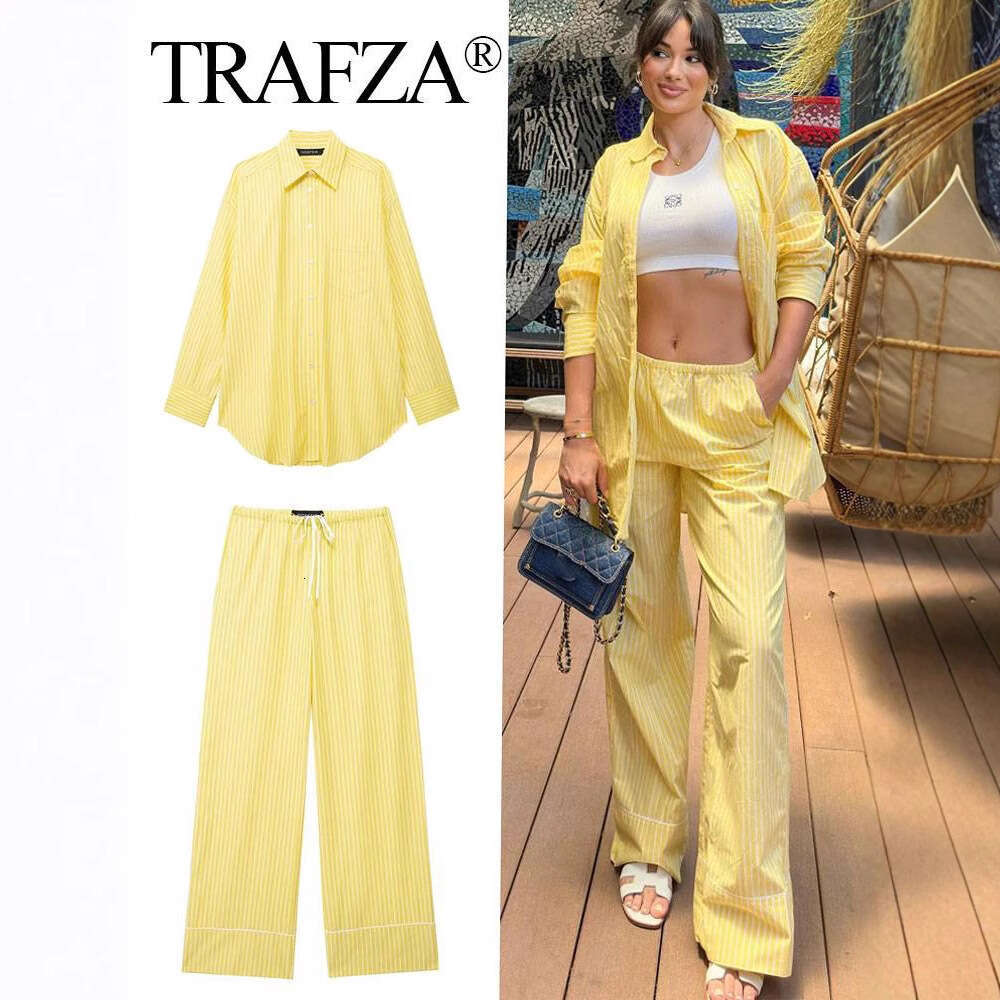 TRAFZA American Spring Summer New Striped Loose Shirt Pajama Style Long Pants Set B5