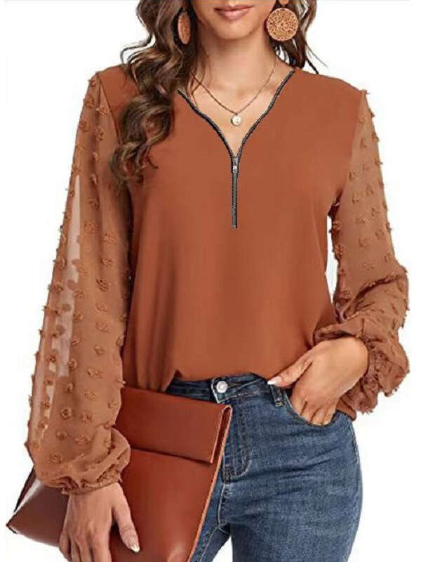 Autumn Women's Pullover V-Neck Zipper Patchwork Long Lantern Sleeve Solid Color Versatile Loose Fit B5