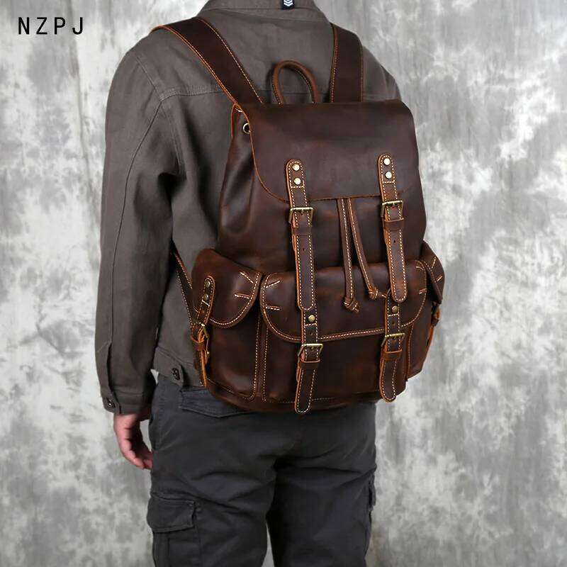 Retro Men's Top Layer Cowhide Travel Backpack Large Capacity School Crazy Horse Leather Laptop Bag NZPJ MDNG