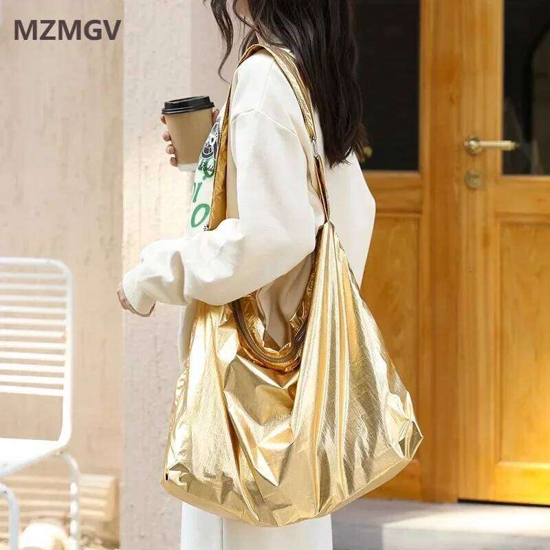 Solid Color Soft Tin Foil Shoulder for Women Korean Style College Student Large Capacity Messenger Casual Crossbody Bagtote bagluxury bag