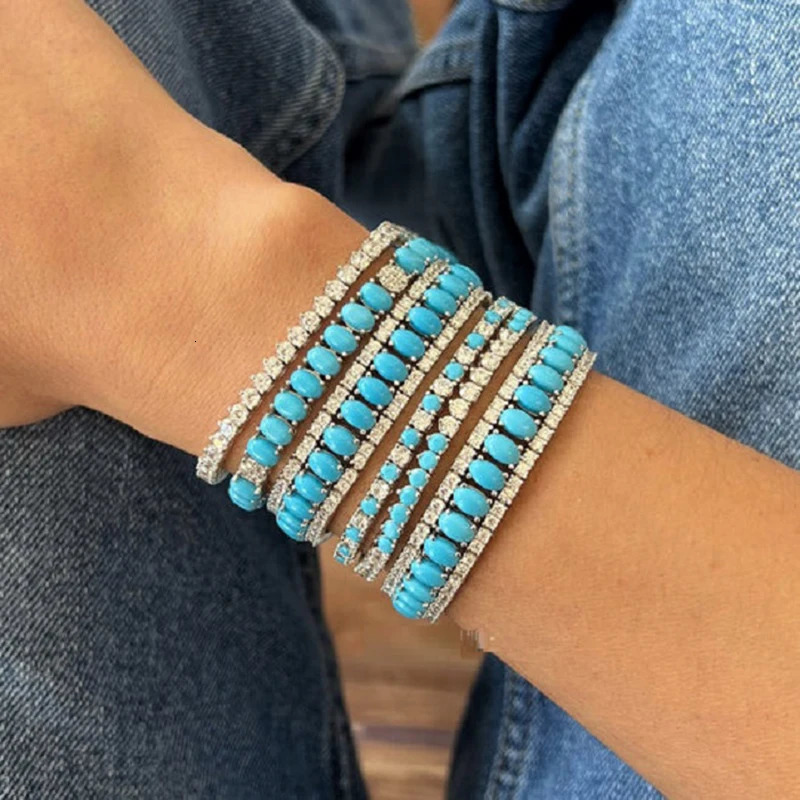Fashion Jewelry Turquoise Blue Double Row White CZ Stone Tennis Bracelet for Women with Platinum Plated Color Chain 17cm 19cm 250717