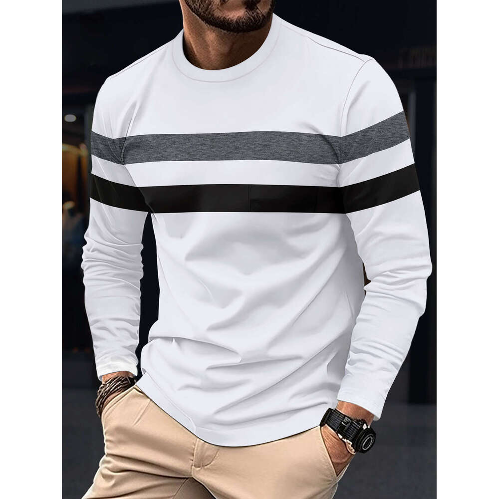 Spring And Autumn Men's Long Sleeve New Color Block T-Shirt Trendy Casual Sports Outerwear Crew Neck Base Shirt Top B5
