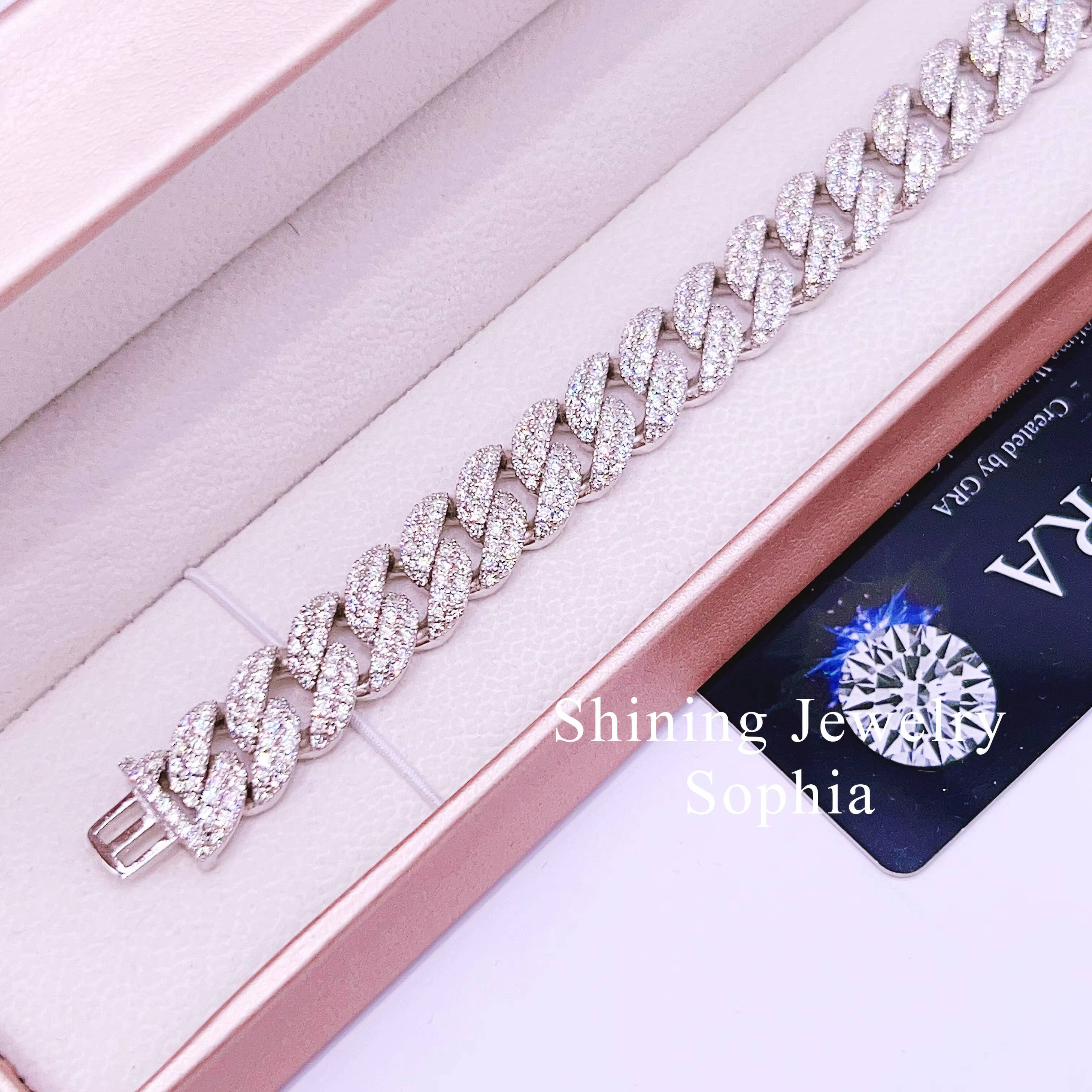 Fine Jewelry Bracelet 12MM 2Row Hip Hop Jewelry 925 Sterling Silver D-VVS1 Moissanite Diamond Cuban Link Bracelet