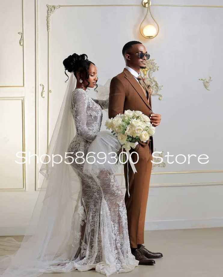 Mermaid Beach African Wedding Dresses With Long Sleeve Lace Applique Tulle Aso Ebi Garden Church Bridal Gown Customsized