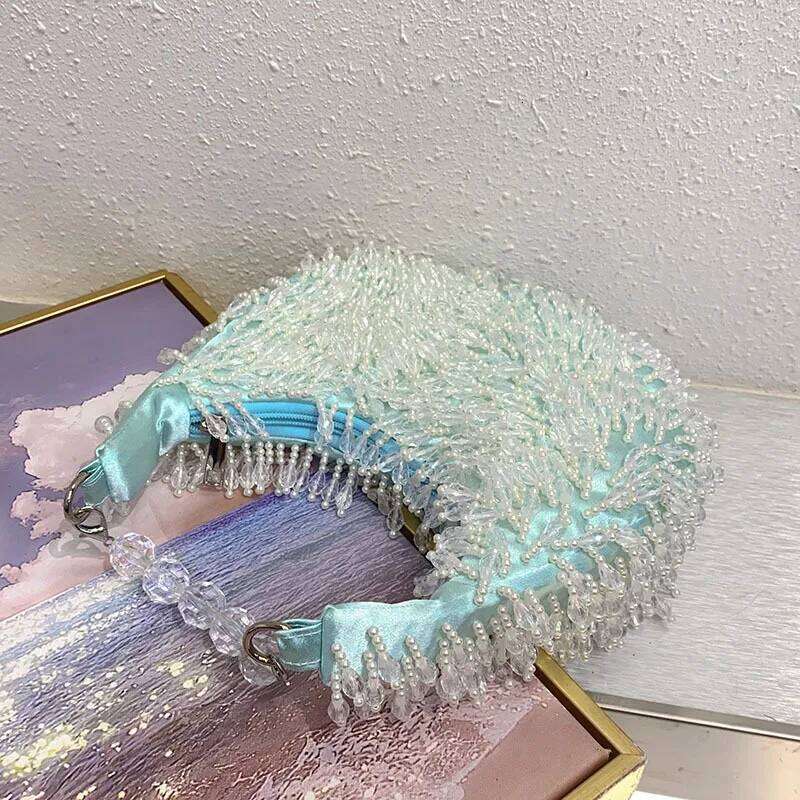 FIRMRANCH Summer Fresh Sweet Light Blue Handmade Beaded Fringe Design Elegant Lady's Dinner Bag Chic Evening Dress Purse Hobostote bagluxury bag