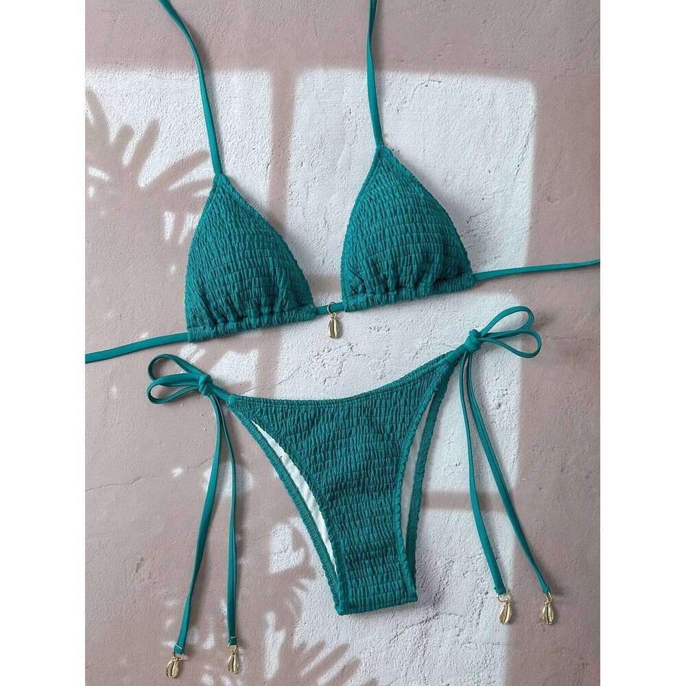Sexy Green Bikini Women Shell Ornament Pleate Push Up Micro Swimwear 2025 Brazilian Pool Bathing Suit Tie Side Triangle Swimsuit