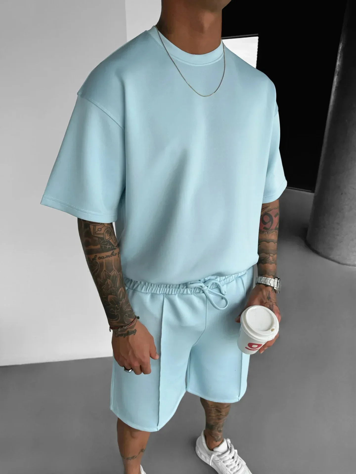 2025 Summer Fashion Mens Breathable Solid Color 2 Piece Sets Short Sleeve O-neck T-shirts Knee Length Loose Shorts Male 250715
