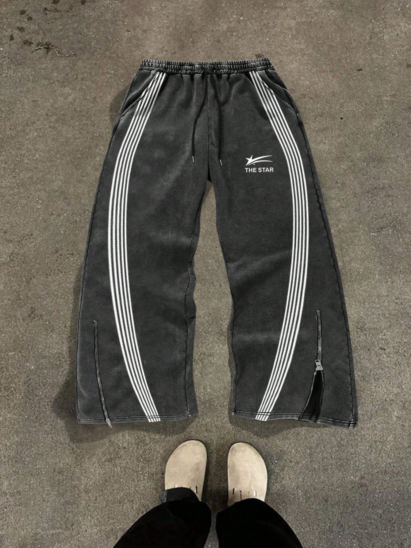 Streetrush Cotton Men's pants Plain Color Patchwork Front Drawstring Pocket Casual Sweat pants Drawstring Waist Printed Wide Leg Fashion Sweatpan