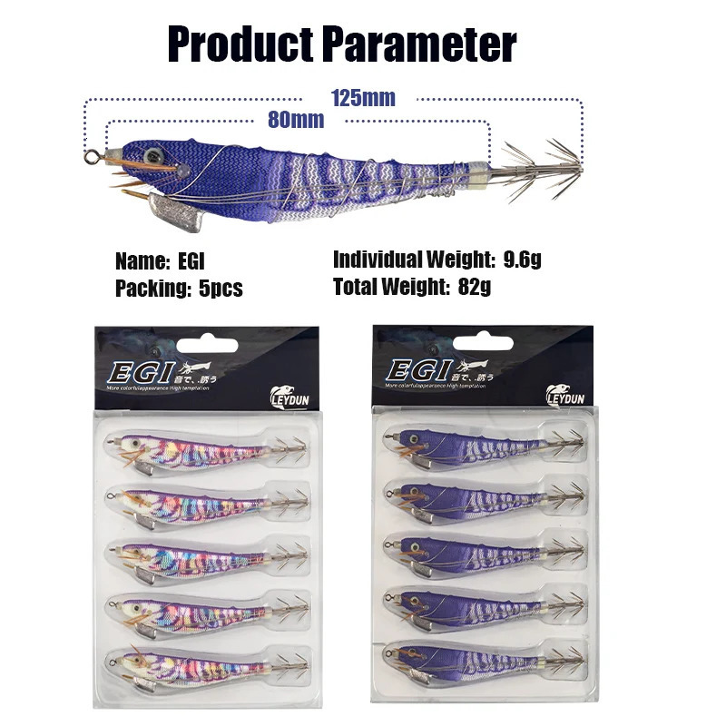 LEYDUN Luminous Squid Jig Wood Shrimp Egi Purple Deep Sea Cuttlefish Hanchi 5pcsset Fishing Lures Saltwater Baits 250708