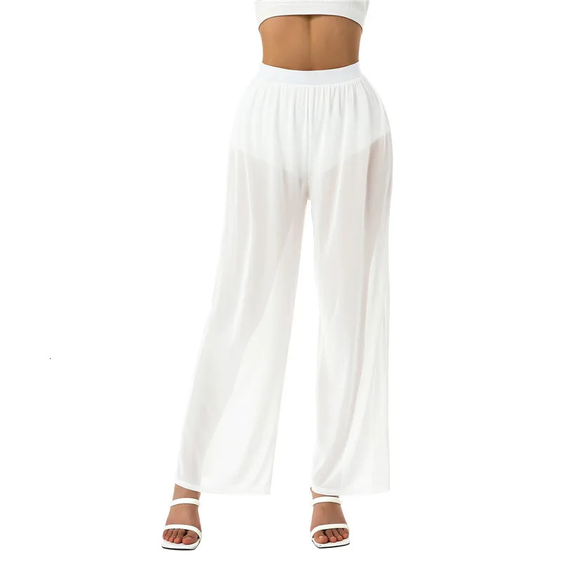 Women See Throug Mesh Cover up Pants Swimsuit Bikini Bottom Elastic Waist Loose Wide Leg Long Palazzo Trousers 250714