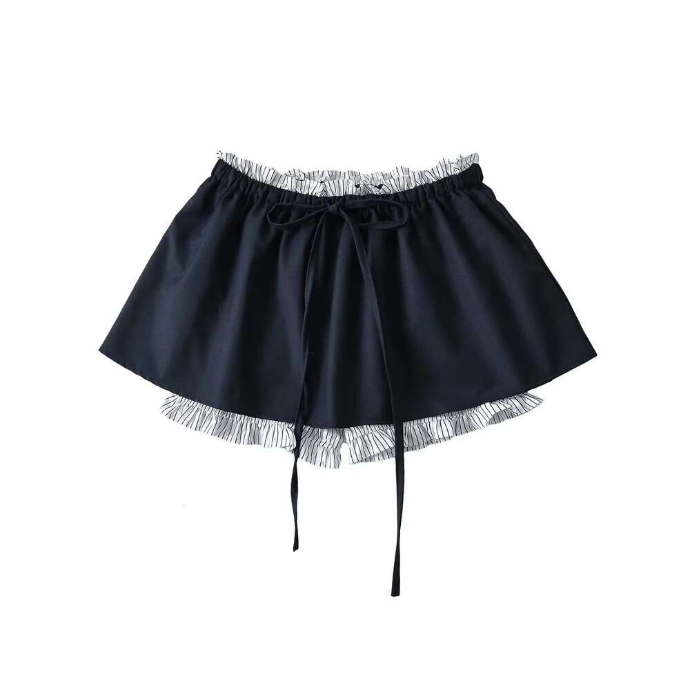 Spicy Girl Color Block Fake Two-Piece Half Women Summer High Waist Slimming A-Line Fresh Style Ruffled Bow Short Skirt B5