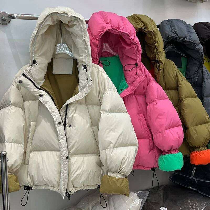 Schinteon Women Jacket With Hood Autumn Winter Warm Thick Casual Loose Over Size Outwear White Duck Down Coat 2024 New MDNG