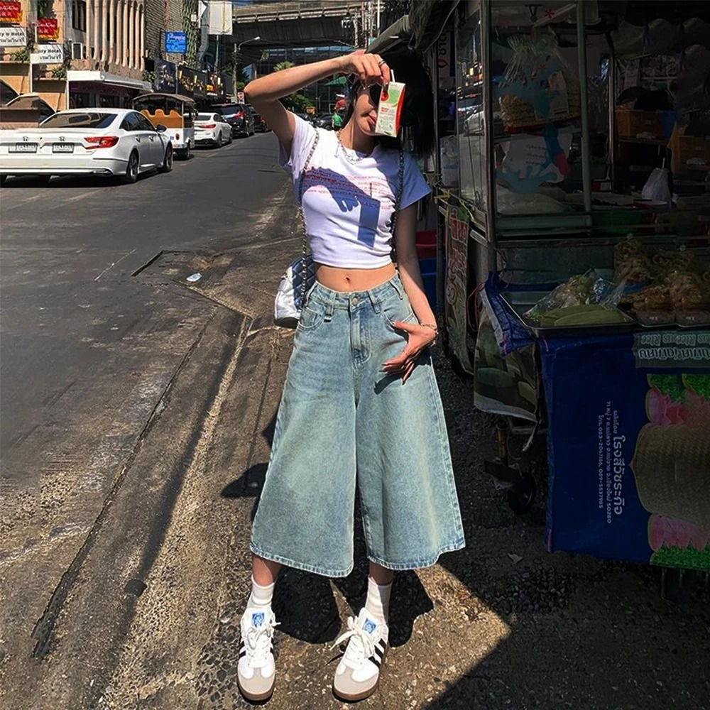 Summer American Style Vintage Women Baggy Jeans Y2k Loose Washed High Waist Knee Length Denim Pants Streetwear Wide Leg Shorts 250714