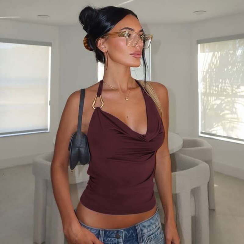 Summer New Sexy Hot Girl V-Neck Solid Color Halter Backless Slim Fit Tank Top B5