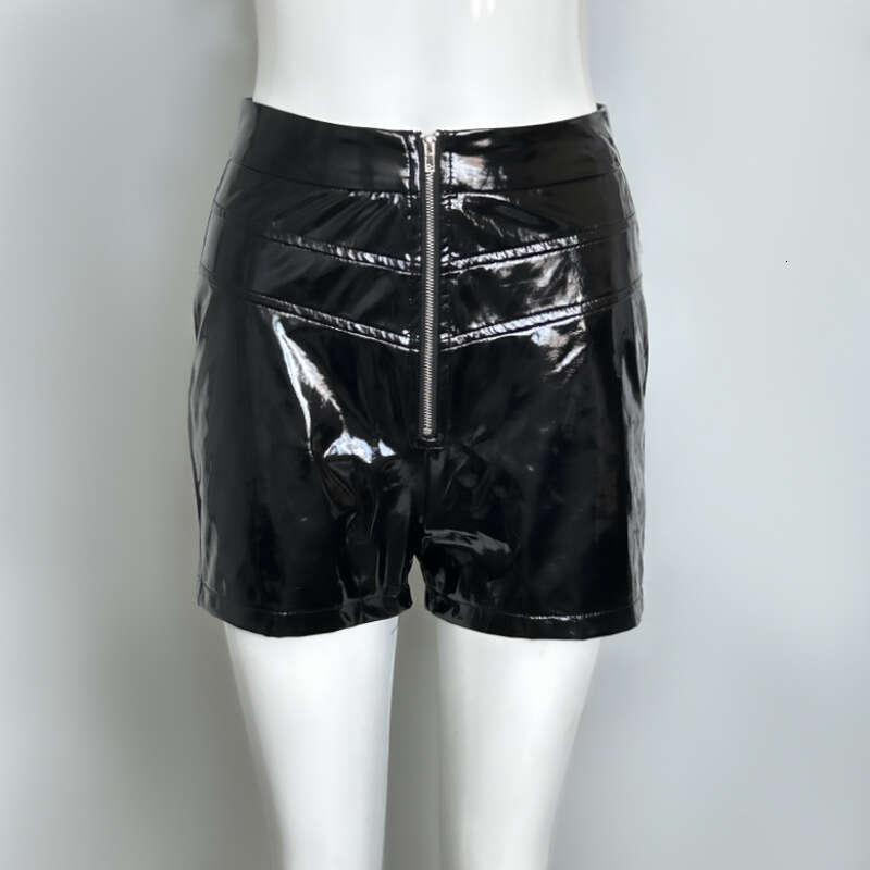 Autumn New Women's PU Leather Mirror High Waist Stretch Spliced Metal Zipper Shorts B5