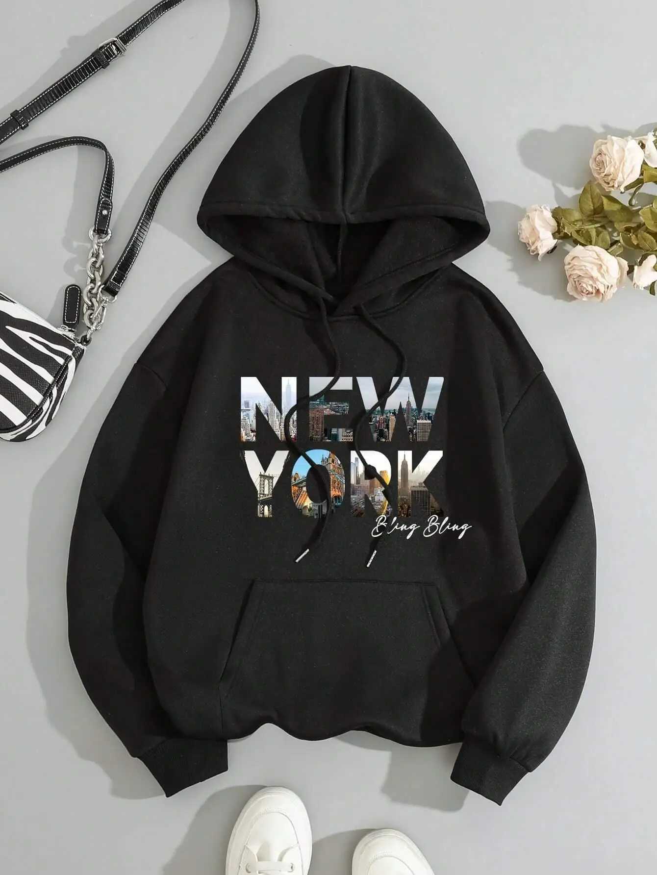New York Scenery Printing Sweatshirt Womens Autumn Soft Hooded Simple Warm Comfortable Hoodie Street Oversize Fashion Pullovers XJ250717