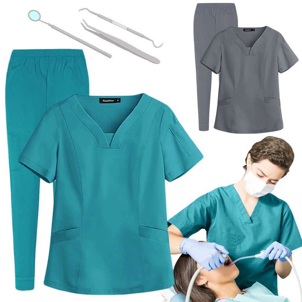 Unisex Medical Nurse Beauty Salon Workwear V-Neck Doctor Nurse Scrubs Set Hospital Surgical Work Clothes for Women Men Z250718