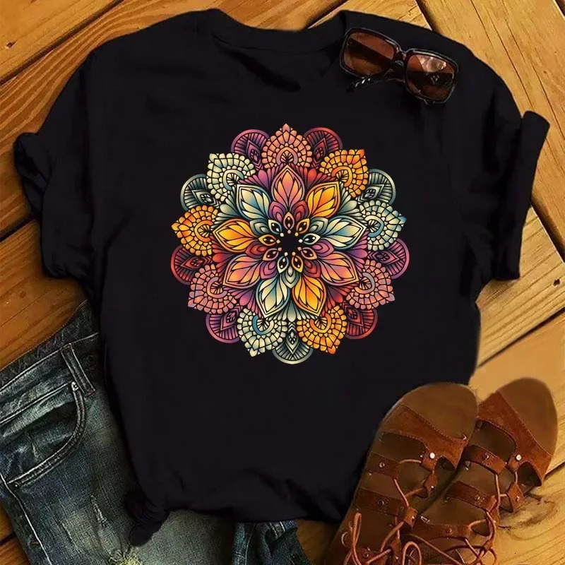 Plus Size Maycaur Mandala Floral Printed T Shirt Women Casual Fashion Tshirt Loose Short Sleeve 90s Girls Aesthetics Top 250707