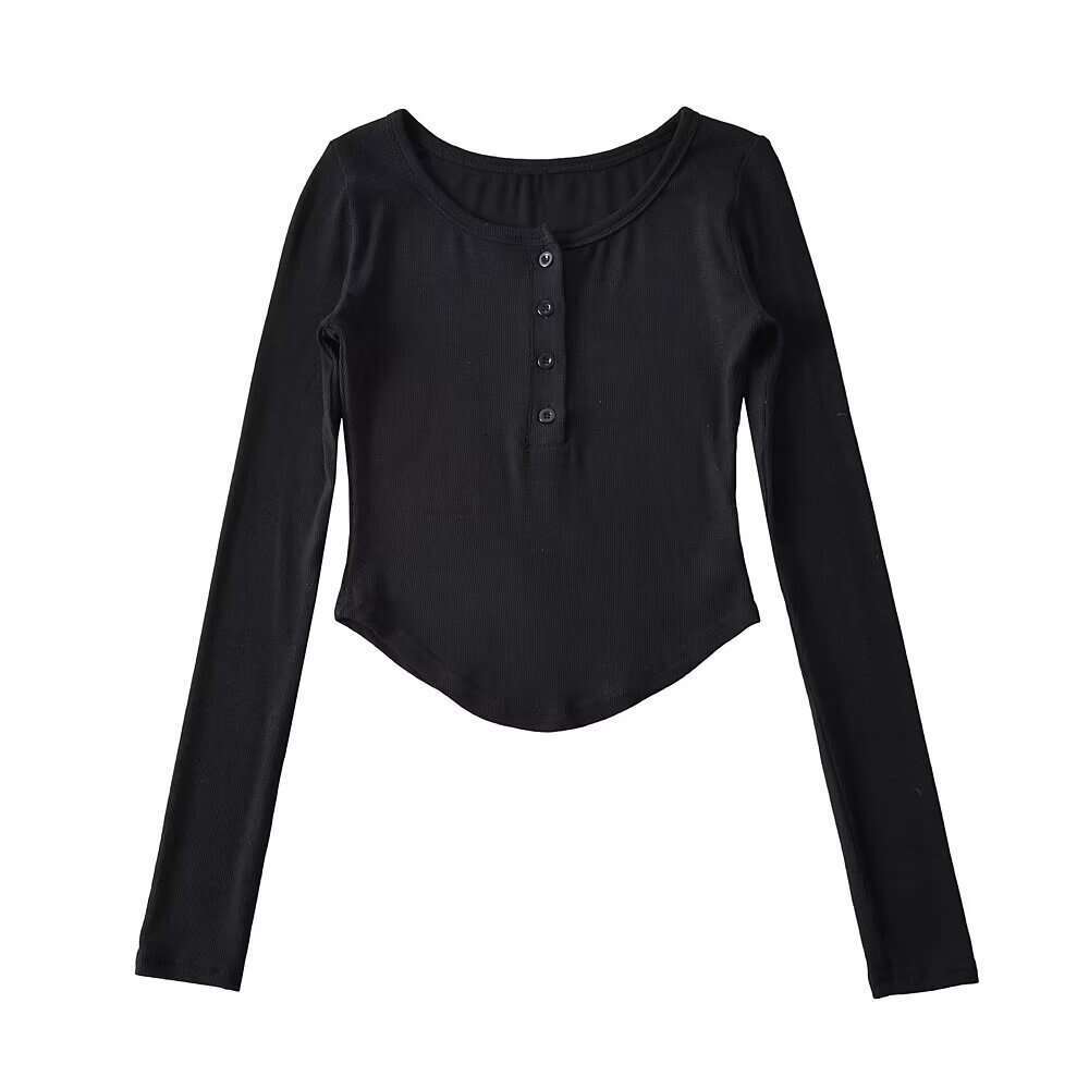 Spicy Girl Tight-Fitting Short-Sleeve T-Shirt For Women, Half-Button Round Neck, Curved Edge, Stretchy Slim-Fit Short Sports Top, Ins Style B5 g5