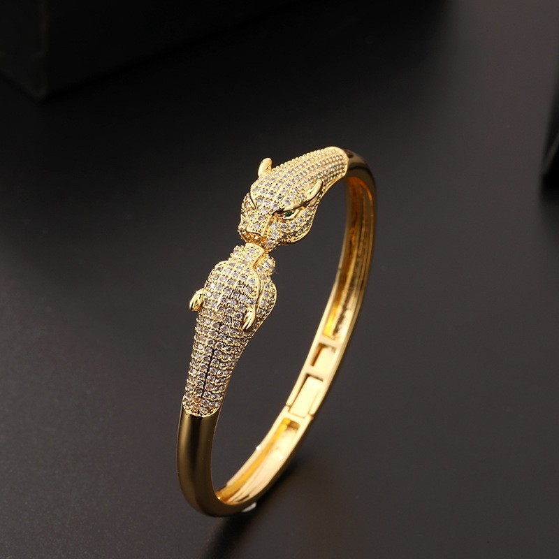 Leopard Print Open Cuff Bracelet 18K Gold Plated Hip Hop Bangle with Zircon Stones Animal Jewelry for Women and Men