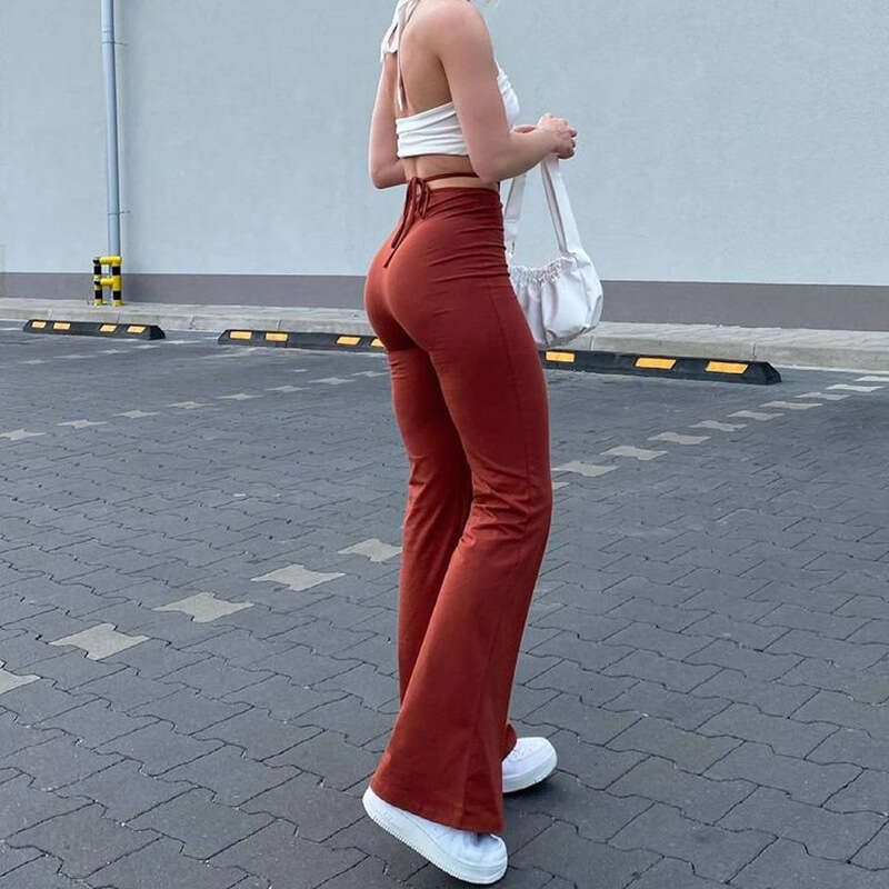 Women's Summer New High-Waisted Elastic Tie Solid Color Flared Elegant Commuter Pants B5