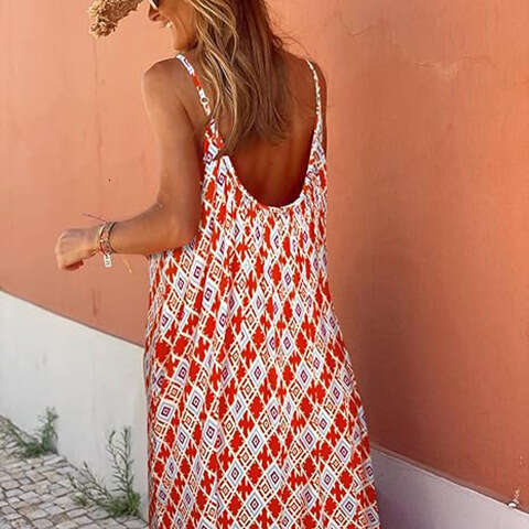 Summer New Bohemian Vacation Style Ruffled Edge Girl Print Strap V-Neck Loose Long Dress B5