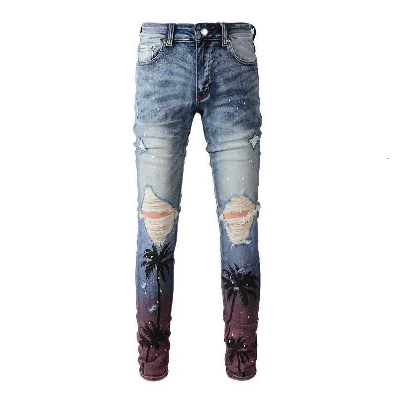 Men Coconut Palm Print Denim Jeans Streetwear Painted Skinny Tapered Stretch Pants with Holes Ripped Distressed Trousers X250718