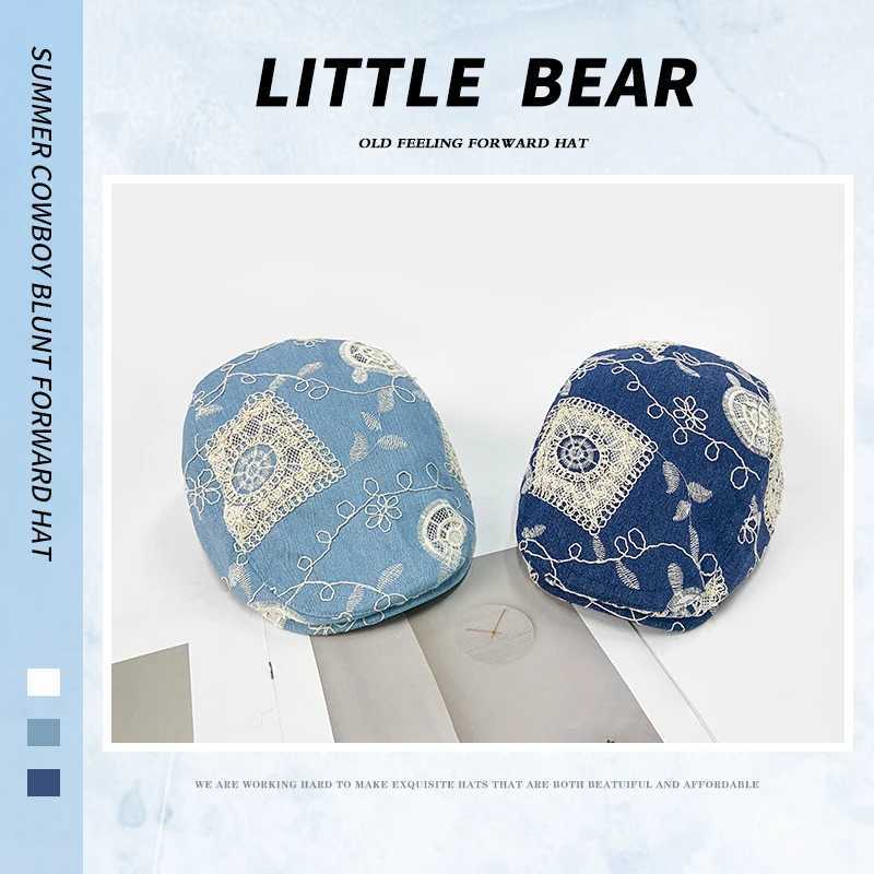 Korean Retro Lace Flower Embroidery Denim Berets Cap Summer Autumn Thin Breathable Versatile Literary Painter Hats for Women L250718