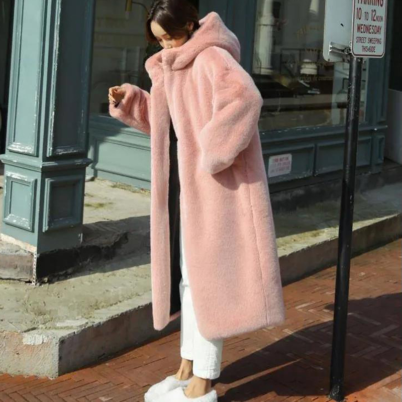 New Women Winter Faux Fur Coat Hooded Long Fur Coats Thick Warm Female Plush Plus Size Loose OverCoat
