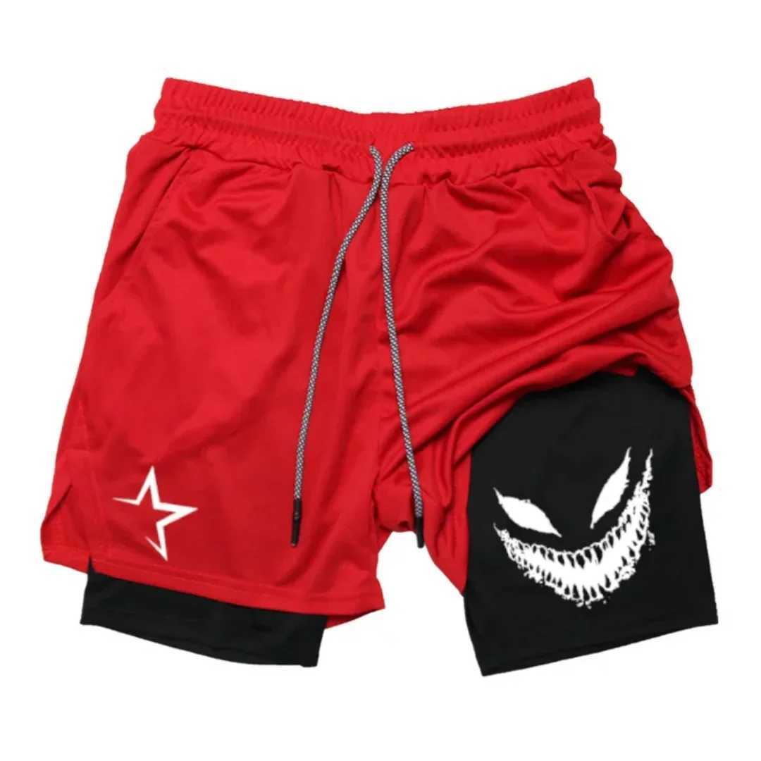 Mens breathable and quick-drying sports shorts with Devil smile print 2-in- performance shorts and a mobile phone pocket W250718