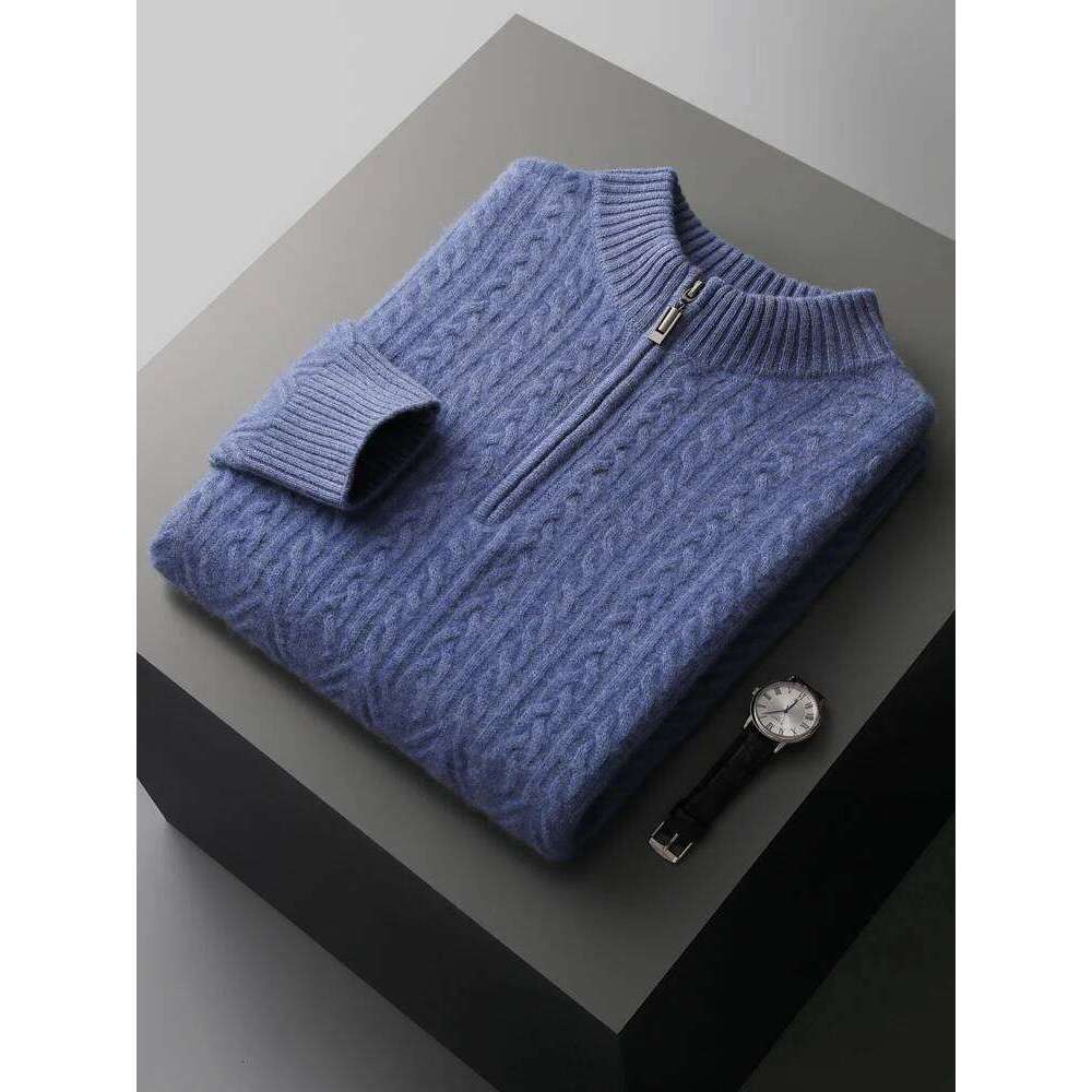 100% Men's Sweater Mock-Neck Half-Zipper Twist Flower Cashmere Pullover Autumn Winter Thick Casual Clothes Knitwear