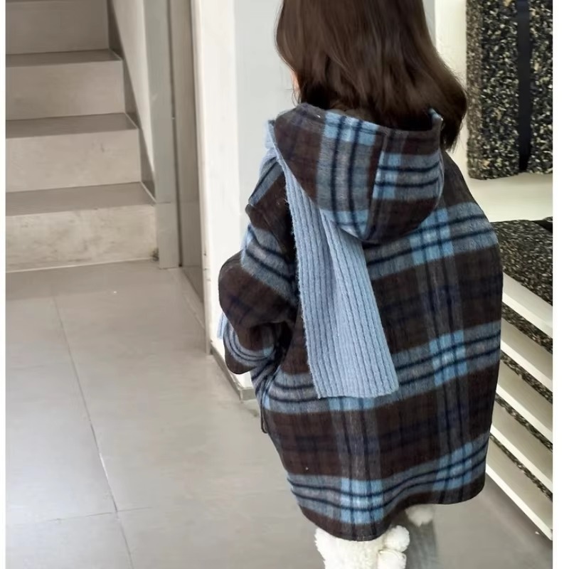 Children's Coats Plaid Printed Woolen Padded Hooded Coat Kids Jackets for Girls Winter Clothes Kids Jacket