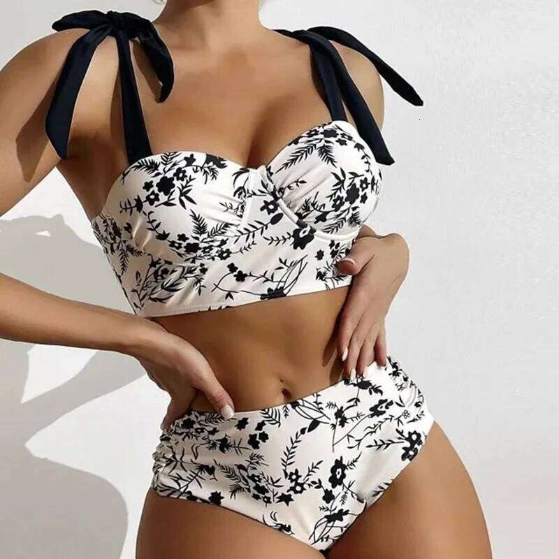 Sexy High-Waist Bikini Swimsuit Women's Small Chest Gathered Swimwear New Cross-Border Print Two-Piece Female Fashionable