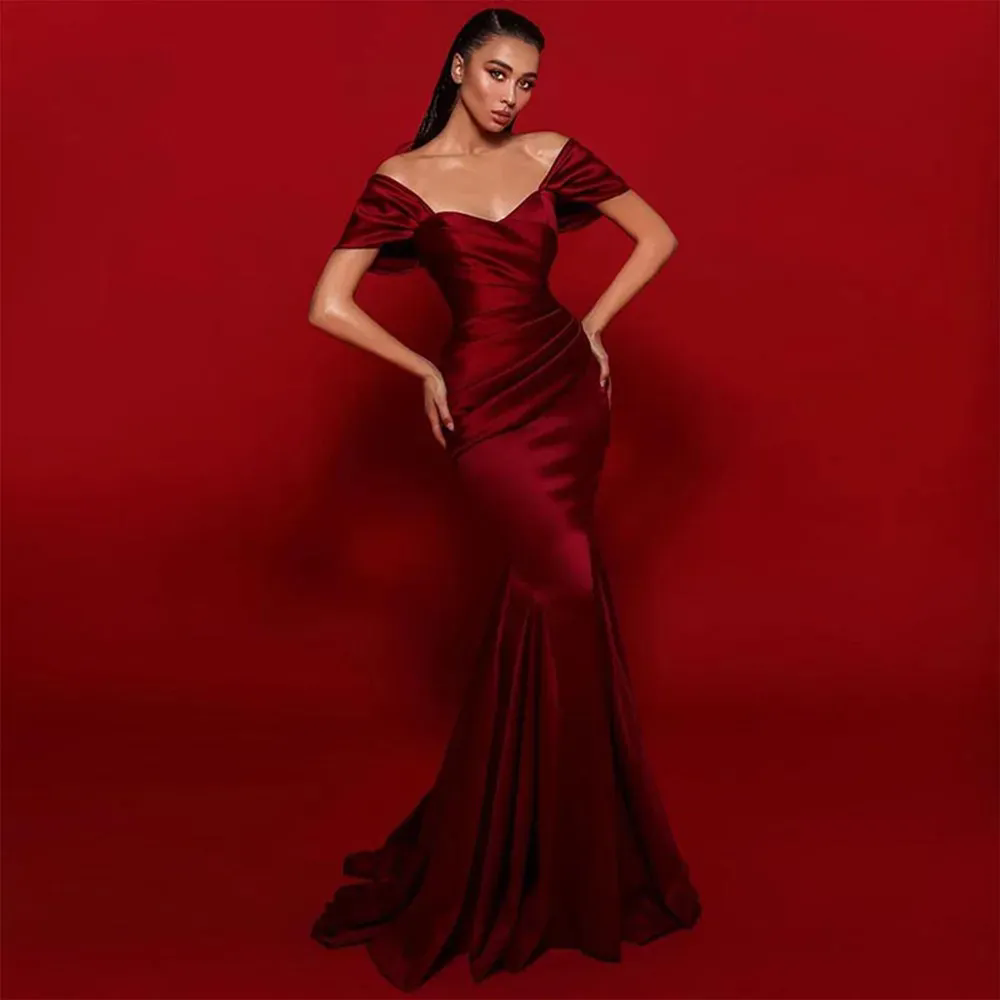 Dark Red Off the Shoulder Satin Mermaid Evening Dresses Vestido Pleat Long Prom Gown Formal Dubai Women robe soiree femme Vestidos De Novia