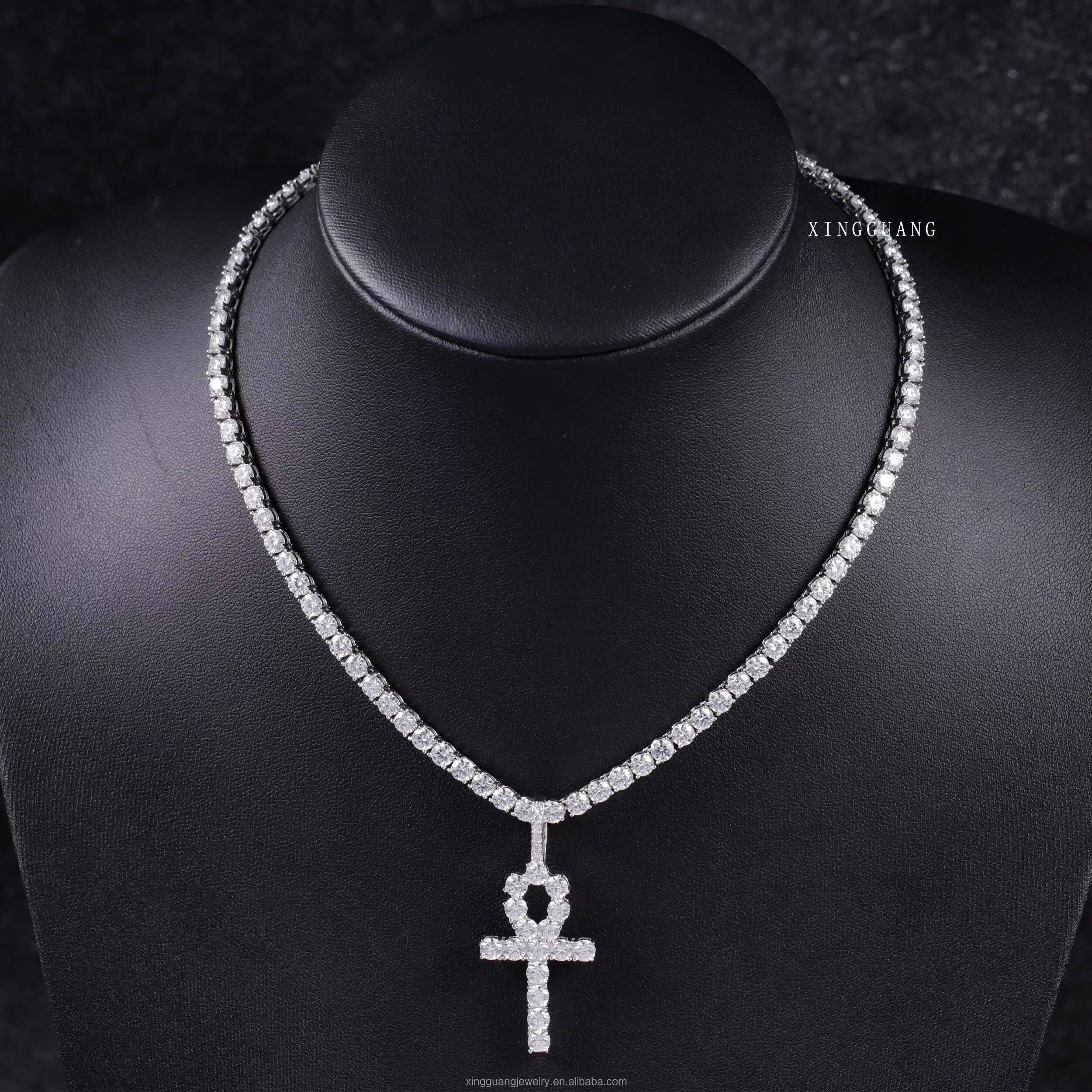RTS Cross Shape VVS Moissanite Diamond 925 Silver Pendantwith Rope Chain for Fashion Jewelry