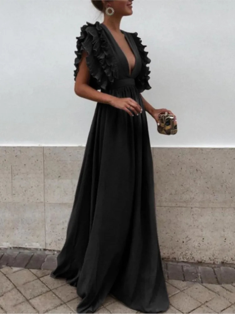 Sexy Deep V-neck Backless Dress Women Fashion Flying Sleeve High Waist Big Swing Green Red Dresses Elegant Evening Party Dress 250717