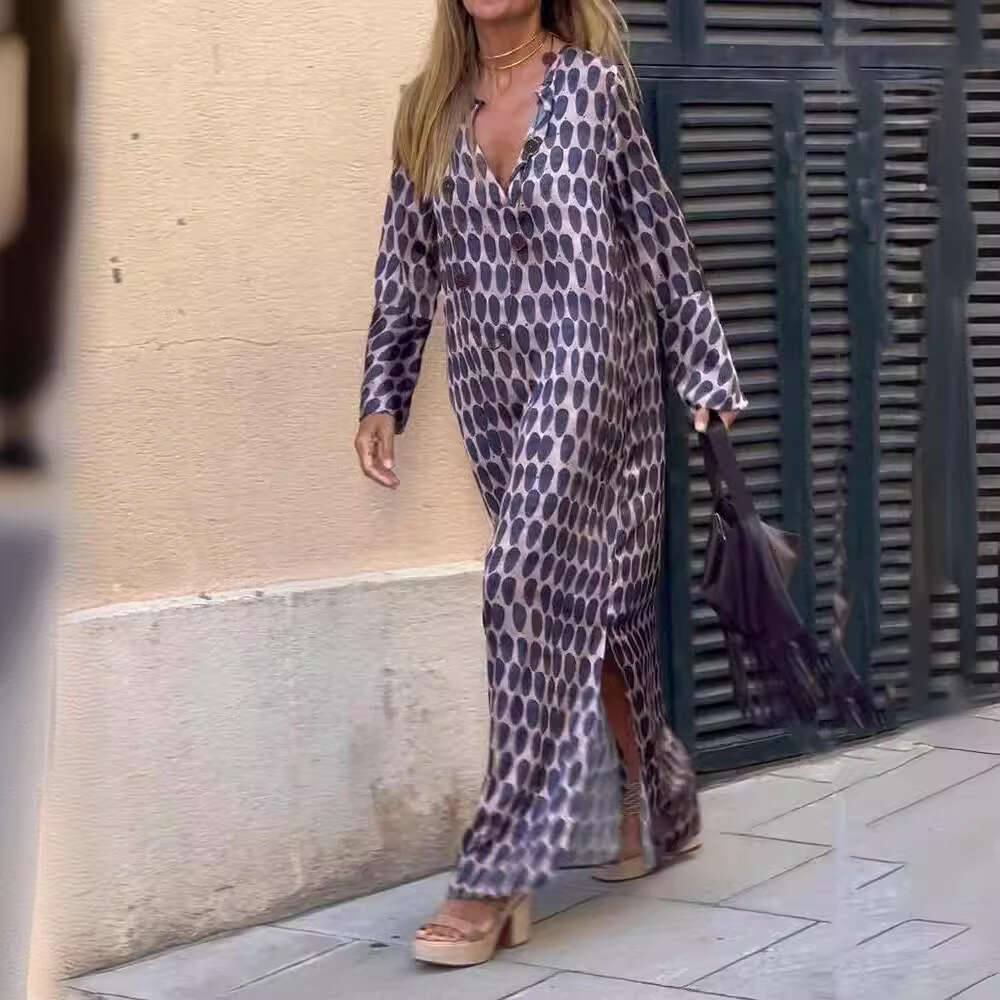 Jinghu District Goddess Style Polyester Large Hem Split Pullover Sleeve Slit V-Neck Shirt Long Dress B5