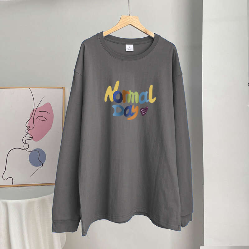 American Text Printed T-Shirt Women Round Neck Loose Cotton Long Sleeve Top 0G B5