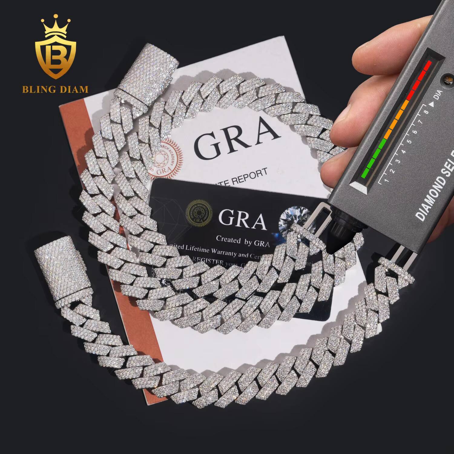 Hot Sale High Quality Heavy Hip Hop 15mm Width Three Rows 925 Silver VVS Moissanite Iced Out Cuban Link Chain